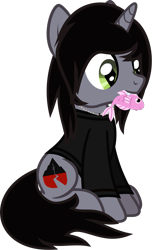 Size: 743x1224 | Tagged: safe, artist:lightningbolt, derpibooru exclusive, derpibooru import, fish, pony, unicorn, .svg available, clothes, disguise, disguised siren, fangs, happy, horn, jewelry, kellin quinn, long sleeves, male, mouth hold, necklace, ponified, shirt, simple background, sitting, sleeping with sirens, slit eyes, smiling, solo, species swap, stallion, svg, transparent background, vector