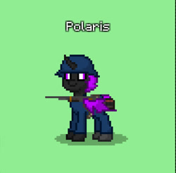 Size: 841x823 | Tagged: safe, derpibooru import, oc, oc only, oc:polaris, changeling, fallout equestria, ashes town, changeling oc, clothes, equidae defense forces, green background, gun, helmet, in old geneva, purple changeling, simple background, solo, weapon