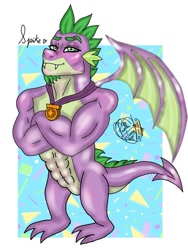 Size: 768x1024 | Tagged: safe, artist:pw-jkg-cherrys, derpibooru import, spike, dragon, abs, beefspike, facial hair, gigachad, gigachad spike, goatee, male, muscles, muscular male, older, older spike, passepartout, solo, winged spike, wings