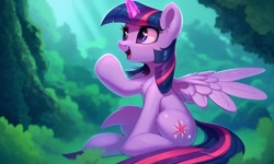 Size: 1280x768 | Tagged: safe, derpibooru import, generator:pony diffusion v4, generator:stable diffusion, machine learning generated, twilight sparkle, twilight sparkle (alicorn), alicorn, pony, cute, forest background, looking sideways, open mouth, purple eyes, purple hair, sitting, smiling, solo, spread wings, wings