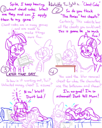 Size: 4779x6013 | Tagged: safe, artist:adorkabletwilightandfriends, derpibooru import, spike, twilight sparkle, twilight sparkle (alicorn), alicorn, comic:adorkable twilight and friends, the ponies, adorkable, adorkable twilight, bed, bedroom, blushing, butt, cheating, comic, computer, cute, dork, ear blush, embarrassed, excited, happy, laptop computer, lying down, magic, nervous, plot, plump, question, regret, shocked, surprised, the sims, video game, we don't normally wear clothes