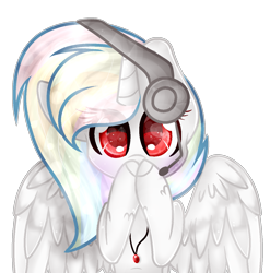 Size: 1327x1341 | Tagged: safe, artist:angellightyt, derpibooru import, oc, oc only, alicorn, pony, alicorn oc, base used, bust, eyelashes, female, headphones, headset, horn, mare, microphone, multicolored hair, rainbow hair, red eyes, simple background, solo, transparent background, wings