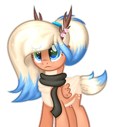 Size: 1055x1155 | Tagged: safe, artist:angellightyt, derpibooru import, oc, oc only, oc:flower blossom, deer, pony, antlers, base used, clothes, colored wings, eyelashes, female, frown, mare, pegadeer, scarf, simple background, solo, transparent background, two toned wings, wings