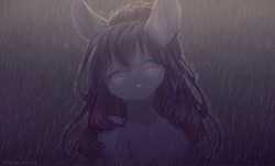 Size: 3154x1901 | Tagged: safe, artist:prettyshinegp, derpibooru import, oc, oc only, earth pony, pony, bust, earth pony oc, female, mare, outdoors, rain, smiling, solo, wet, wet mane