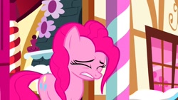 Size: 1280x720 | Tagged: safe, derpibooru import, screencap, pinkie pie, earth pony, pony, maud pie (episode), door, eyes closed, gritted teeth, lip bite, saturated, solo, sugarcube corner, teeth