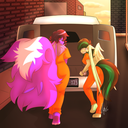 Size: 5000x5000 | Tagged: safe, artist:rick-elfen, derpibooru import, oc, oc only, oc:eden shallowleaf, anthro, pegasus, skunk, unguligrade anthro, ass, butt, clothes, duo, female, jumpsuit, mare, prison outfit, van