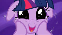 Size: 1280x720 | Tagged: safe, derpibooru import, screencap, twilight sparkle, unicorn twilight, unicorn, the crystal empire, cute, ears, floppy ears, hooves on cheeks, open mouth, solo, squishy cheeks, starry eyes, twiabetes, wingding eyes