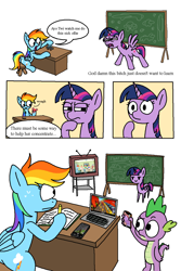 Size: 1956x2928 | Tagged: safe, artist:notfocks, derpibooru import, rainbow dash, spike, twilight sparkle, twilight sparkle (alicorn), alicorn, pegasus, pony, unicorn, adhd, among us, angry, cellphone, chalkboard, classroom, comic, computer, confused, family guy, female, fidget spinner, five nights at freddy's, funny, happy, hoof fingers, laptop computer, mare, minecraft, overstimulation, phone, simple background, skateboard, smartphone, soap, studying, subway surfers, text, thinking, white background