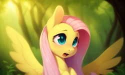 Size: 1280x768 | Tagged: safe, derpibooru import, generator:pony diffusion v4, generator:stable diffusion, machine learning generated, fluttershy, pegasus, pony, blushing, cute, forest background, green eyes, looking sideways, open mouth, pink hair, shyabetes, sitting, solo, spread wings, upper body, wings