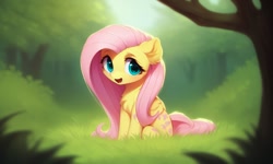 Size: 1280x768 | Tagged: safe, derpibooru import, generator:pony diffusion v4, generator:stable diffusion, machine learning generated, fluttershy, pegasus, pony, chest fluff, cute, folded wings, forest background, green eyes, looking at you, open mouth, pink hair, shyabetes, sitting, solo, wings