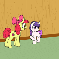 Size: 1000x1000 | Tagged: safe, alternate version, artist:thebathwaterhero, derpibooru import, apple bloom, oc, oc:snowie aura, earth pony, pony, unicorn, bloom butt, bow, butt, duo, female, filly, foal, horn, lesbian, plot, tail, tail bow, textless version, unicorn oc