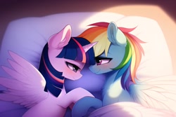 Size: 3072x2048 | Tagged: safe, derpibooru import, generator:novelai, generator:stable diffusion, machine learning generated, rainbow dash, twilight sparkle, twilight sparkle (alicorn), alicorn, pegasus, pony, blanket, blushing, cuddling, cute, duo, duo female, female, happy, horn, indoors, lesbian, looking at each other, looking at someone, loving gaze, lying down, mare, on side, pillow, shipping, simple background, smiling, smiling at each other, snuggling, spread wings, twidash, wings