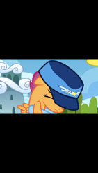 Size: 1242x2208 | Tagged: safe, derpibooru import, screencap, rainbow dash, scootaloo, spitfire, the washouts (episode), "here. have a hat.", bush, cloud, embarrassed, eyes closed, female, filly, foal, hat, here have a hat, hooves, out of context, sky, wonderbolts hat, wonderbolts merchandise