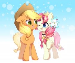 Size: 2048x1726 | Tagged: safe, artist:sione29031414, derpibooru import, applejack, oc, earth pony, pony, unicorn, applejack's hat, blushing, bow, bubble, clothes, cowboy hat, cute, duo, ears, eyebrows, eyebrows visible through hair, female, floppy ears, flower, flower in hair, freckles, gradient background, hair bow, hat, jackabetes, looking at each other, looking at someone, mare, ocbetes, one eye closed, open mouth, raised hoof, raised leg, sparkly eyes, tail, tail bow, wingding eyes