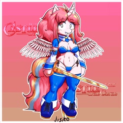 Size: 2048x2048 | Tagged: safe, artist:jisito, derpibooru import, oc, oc only, oc:nekonin, alicorn, anthro, arm hooves, bandeau, breasts, castle in the clouds, clothes, collar, female, gradient background, high heels, panties, shoes, skimpy outfit, smiling, socks, solo, sword, thigh highs, thong, underwear, weapon