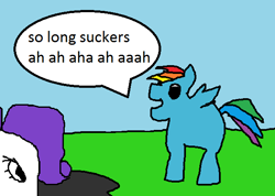 Size: 608x433 | Tagged: safe, artist:mudlove2, derpibooru import, rainbow dash, rarity, pegasus, pony, 1000 hours in ms paint, cropped, duo, grass, insult, laughing, mocking, mud, quality, shitposting, stylistic suck