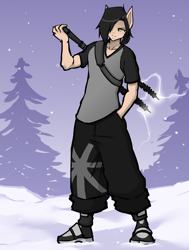 Size: 3356x4444 | Tagged: safe, artist:hayakain, derpibooru import, oc, oc only, oc:kurt marek (electro-crit), anthro, amp, electricity, hair over one eye, snow, snowfall, solo