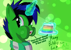 Size: 1754x1240 | Tagged: safe, artist:ace play, artist:mrkat7214, derpibooru import, oc, oc only, oc:lupi, pony, unicorn, abstract background, cake, clothes, eating, female, food, glowing, glowing horn, green background, horn, implied pinkie pie, looking at you, magic, magic aura, mare, plate, puffy cheeks, rainbow cake, scarf, simple background, solo, talking to viewer, telekinesis, unicorn oc