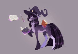 Size: 3308x2333 | Tagged: safe, artist:luuny-luna, derpibooru import, oc, oc:astral, earth pony, pony, book, female, hat, magic, magic wand, mare, quadrupedal, simple background, solo, witch hat