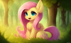 Size: 1280x768 | Tagged: safe, derpibooru import, generator:pony diffusion v4, generator:stable diffusion, machine learning generated, fluttershy, pegasus, pony, chest fluff, cute, folded wings, forest background, green eyes, looking at you, open mouth, pink hair, shyabetes, sitting, solo, wings