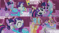 Size: 2000x1125 | Tagged: safe, derpibooru import, edit, edited screencap, editor:quoterific, screencap, applejack, fluttershy, pinkie pie, rainbow dash, rarity, spike, twilight sparkle, twilight sparkle (alicorn), alicorn, simple ways, carousel boutique, clothes, dress, mane six