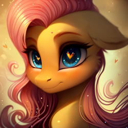 Size: 1536x1536 | Tagged: safe, artist:zealousmagician, derpibooru exclusive, derpibooru import, generator:purplesmart.ai, generator:stable diffusion, machine learning assisted, machine learning generated, fluttershy, pegasus, pony, g4, blue eyes, bust, curly hair, curly mane, ear fluff, ears, ears back, female, heart, heart eyes, long mane, looking at you, mare, portrait, simple background, smiling, smiling at you, solo, sparkly eyes, wingding eyes, yellow background