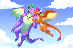 Size: 1620x1080 | Tagged: safe, artist:scarlet-spectrum, derpibooru import, smolder, spike, dragon, blushing, cloud, dragoness, duo, eyes closed, female, flying, gigachad spike, kiss on the cheek, kissing, male, medal, older, older spike, open mouth, shipping, sky background, spolder, straight, winged spike, wings