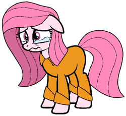 Size: 521x480 | Tagged: safe, artist:noi kincade, derpibooru import, oc, oc only, oc:annisa trihapsari, earth pony, pony, clothes, crying, disappointed, ears, earth pony oc, female, floppy ears, jail, long hair, long mane, mare, prison, prison outfit, sad, simple background, solo, transparent background