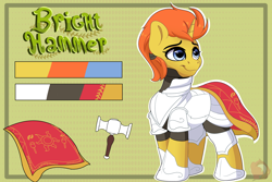 Size: 2362x1582 | Tagged: safe, artist:joaothejohn, derpibooru import, oc, oc:bright hammer, pony, unicorn, armor, cloak, clothes, commission, horn, looking up, medieval, reference sheet, simple background, solo, text, unicorn oc, walking