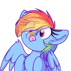 Size: 2000x2000 | Tagged: safe, artist:lbrcloud, derpibooru import, rainbow dash, pegasus, pony, bust, cross-eyed, eye clipping through hair, eyebrows, eyebrows visible through hair, female, food, licking, mare, peanut butter, portrait, silly, simple background, solo, tongue, tongue out, white background