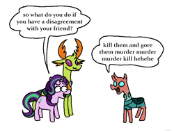 Size: 2208x1680 | Tagged: safe, artist:punkittdev, derpibooru import, starlight glimmer, thorax, changedling, changeling, pony, unicorn, dialogue, female, king thorax, male, mare, simple background, speech bubble, trio, white background