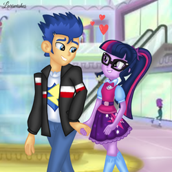Size: 1400x1400 | Tagged: safe, artist:mlplary6, derpibooru import, flash sentry, sci-twi, twilight sparkle, human, equestria girls, duo focus, female, flashlight, glasses, heart, holding hands, looking at each other, looking at someone, love, male, mall, romantic, sci-twi outfits, sciflash, shipping, smiling, smiling at each other, straight, walking