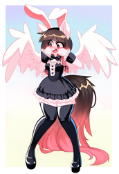 Size: 1752x2552 | Tagged: safe, artist:saikoot, derpibooru import, oc, oc:arwencuack, anthro, pegasus, arm hooves, bunny ears, bunny suit, clothes, cute, dress, shy, socks, solo, thigh highs