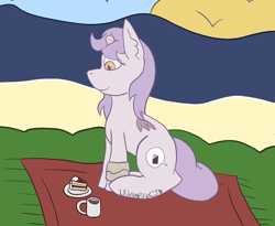 Size: 3022x2474 | Tagged: safe, artist:lil_vampirecj, derpibooru import, oc, oc only, alicorn, hybrid, pony, beach, broken horn, broken wing, cake, cup, digital art, feral, food, grass, horn, ocean, seaside, solo, sun, tea, teacup, unnamed oc, water, wings