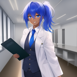 Size: 512x512 | Tagged: safe, derpibooru import, editor:jesterofdestiny, machine learning generated, minuette, human, anime style, anythingv5, clothes, dentist, folder, humanized, lab coat, necktie, ponytail, smiling, solo, vest