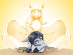 Size: 1920x1440 | Tagged: safe, artist:klarapl, derpibooru import, oc, oc only, angel, angel pony, original species, pegasus, pony, book, colored hooves, cross, duo, gray coat, gray mane, guardian angel, guarding, rosary, sleeping, standing over, unshorn fetlocks