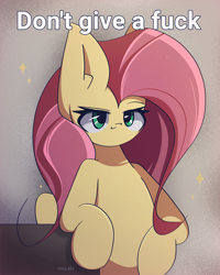 Size: 1800x2250 | Tagged: safe, artist:miryelis, derpibooru import, fluttershy, pegasus, pony, big ears, ears, long hair, meme, signature, simple background, smiling, smug, solo, sparkles, swearing, text, vulgar