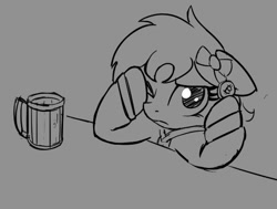 Size: 544x412 | Tagged: safe, artist:wenni, derpibooru import, oc, oc only, oc:whinny, pony, bitcoin, grayscale, looking at you, monochrome, mug, one eye closed, solo