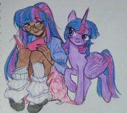 Size: 1624x1440 | Tagged: safe, artist:dulcesilly, derpibooru import, twilight sparkle, twilight sparkle (alicorn), alicorn, human, pony, clothes, dark skin, duo, female, glasses, human ponidox, humanized, kneesocks, looking at each other, looking at someone, mare, self paradox, self ponidox, smiling, smiling at each other, socks, traditional art, twolight