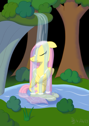 Size: 849x1200 | Tagged: safe, artist:darkdabula, derpibooru import, fluttershy, bush, forest, solo, tree, water, waterfall, waterfall shower, wood