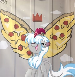 Size: 1983x2048 | Tagged: safe, artist:lbrcloud, derpibooru import, oc, oc only, oc:windshear, kirin, pony, crown, eyes closed, food, graffiti, irl, jewelry, kirin oc, photo, pizza, ponies in real life, regalia, smiling, solo, wings