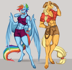 Size: 1722x1683 | Tagged: safe, artist:saltyserpent, derpibooru import, applejack, rainbow dash, anthro, earth pony, pegasus, unguligrade anthro, abs, applejacked, bleeding, blood, clothes, cowboy hat, duo, duo female, female, front knot midriff, gloves, hand wraps, hat, midriff, multicolored hair, muscles, rainbuff dash, shirt, short hair, shorts, simple background, smiling, sports bra, standing, stetson