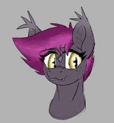 Size: 567x611 | Tagged: safe, artist:reddthebat, derpibooru import, oc, oc only, oc:selena (reddthebat), bat pony, pony, bat pony oc, bust, coat markings, facial markings, fangs, female, gray background, mare, simple background, smiling, solo, star (coat marking)