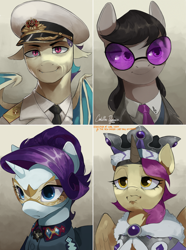 Size: 3130x4210 | Tagged: safe, artist:cadillacdynamite, derpibooru import, octavia melody, princess platinum, rarity, oc, oc:valery stablein, bat pony, earth pony, pegasus, pony, unicorn, equestria at war mod, bat ponified, bust, clothes, crown, fake horn, female, glasses, hat, jewelry, male, necktie, ponified, portrait, race swap, regalia, species swap, the new order: last days of europe, tno, uniform, valery sablin, vinyl's glasses