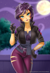 Size: 888x1300 | Tagged: safe, alternate version, artist:racoonsan, color edit, derpibooru import, edit, editor:drakeyc, sunset shimmer, undead, vampire, better together, costume conundrum, equestria girls, alternate versionsafe, breasts, clothes, colored, costume, equestria girls edit, fangs, female, gloves, halloween, halloween costume, holiday, looking at you, pants, ripped pants, skin color edit, smiling, solo, sunset jiggler, torn clothes, vampire shimmer, wig