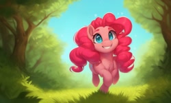 Size: 1280x768 | Tagged: safe, derpibooru import, generator:pony diffusion v4, generator:stable diffusion, machine learning generated, pinkie pie, earth pony, pony, cute, dynamic pose, forest background, looking at you, pink hair, smiling, solo, teal eyes