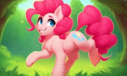 Size: 1280x768 | Tagged: safe, derpibooru import, generator:pony diffusion v4, generator:stable diffusion, machine learning generated, pinkie pie, earth pony, pony, blue eyes, chest fluff, cute, dynamic pose, forest background, looking at you, pink hair, smiling, solo