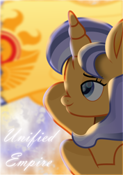 Size: 2252x3187 | Tagged: safe, artist:lincolnbrewsterfan, derpibooru exclusive, derpibooru import, part of a set, oc, oc:imperii solem (empirica sol), pony, unicorn, april fools, april fools 2023, bust, cloud, cloudy, colored pupils, depth of field, derpibooru, derpibooru ponified, female, flag, flourish, harmony, highlights, hoof heart, horn, implied princess celestia, inkscape, juxtaposition, juxtaposition win, logo, looking forward, mare, meme, message, meta, mirror, moonlight, movie accurate, multicolored mane, ponified, positive ponies, representative, salute, shading, shadow, shine, shiny, side view, sky, smiling, solar empire, solo, species swap, stars, sun, sunlight, text, underhoof, unicorn oc, united, unity, upside-down hoof heart, vector