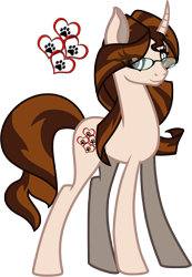 Size: 2412x3481 | Tagged: safe, artist:softpawsart, derpibooru import, oc, oc only, pony, unicorn, curved horn, eye clipping through hair, female, glasses, horn, mare, paw prints, simple background, smiling, solo, transparent background, unicorn oc