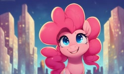 Size: 1280x768 | Tagged: safe, derpibooru import, generator:pony diffusion v4, generator:stable diffusion, machine learning generated, pinkie pie, earth pony, pony, blue eyes, city, cityscape, cute, looking up, pink hair, smiling, solo, upper body